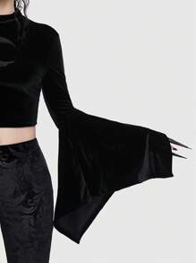 ROMWE Goth Moon Print Flare Sleeve Velvet Tee - Black - View 4