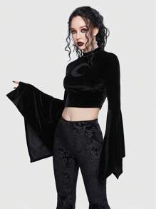 ROMWE Goth Moon Print Flare Sleeve Velvet Tee - Black - View 5