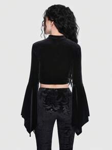 ROMWE Goth Moon Print Flare Sleeve Velvet Tee - Black - View 6