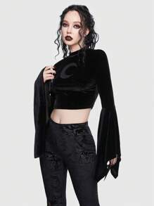 ROMWE Goth Moon Print Flare Sleeve Velvet Tee - Black - View 7