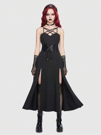 Goth Cami Kleid mit Kreuzgurt vorne, Schlitz, ohne Handschuhe