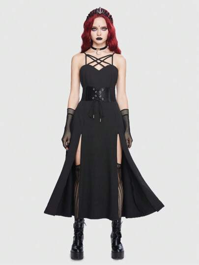 Goth Crisscross Front Split Thigh Cami Dress Without Gloves