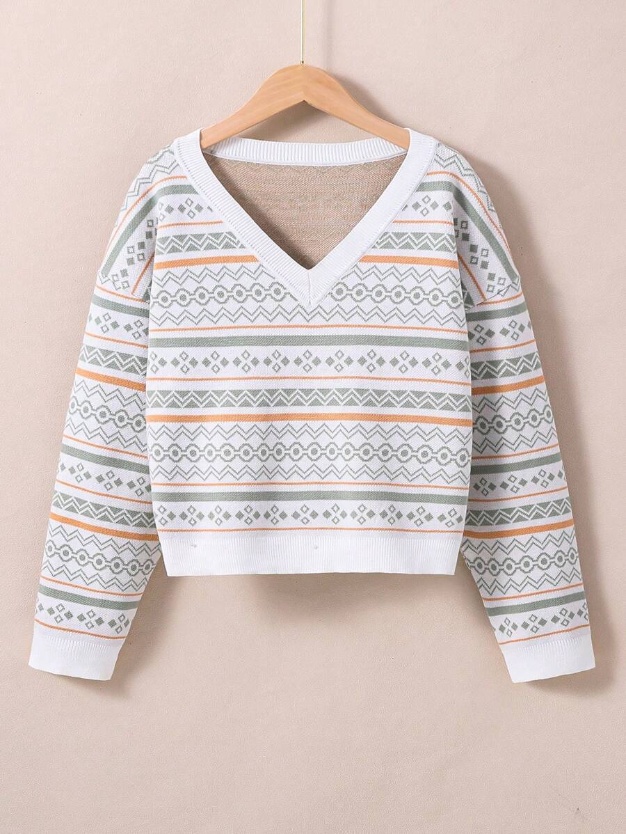 女大童幾何圖案落肩袖套頭毛衣