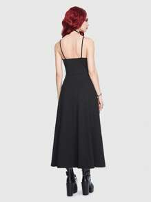 ROMWE Goth 前交叉高衩吊帶洋裝無手套 - 黑色 - 查看 3