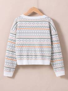 女大童幾何圖案落肩袖套頭毛衣