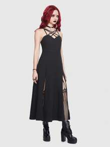 ROMWE Goth 前交叉高衩吊帶洋裝無手套 - 黑色 - 查看 4
