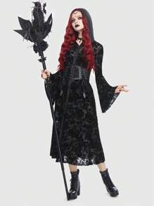 ROMWE Goth Floral Print Flare Sleeve Dress Without Belt - Black - View 1