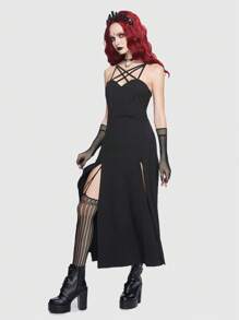 ROMWE Goth 前交叉高衩吊帶洋裝無手套 - 黑色 - 查看 5