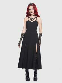 ROMWE Goth 前交叉高衩吊帶洋裝無手套 - 黑色 - 查看 6
