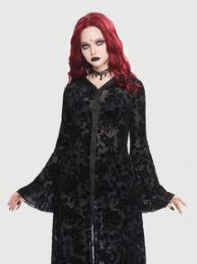 ROMWE Goth Floral Print Flare Sleeve Dress Without Belt - Black - View 2