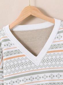 女大童幾何圖案落肩袖套頭毛衣