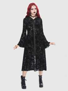 ROMWE Goth Floral Print Flare Sleeve Dress Without Belt - Black - View 3