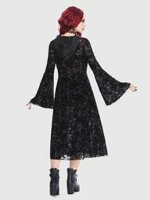 ROMWE Goth Floral Print Flare Sleeve Dress Without Belt - Black - View 4