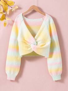 Teen Girl Ombre Twist Front Raglan Sleeve Crop Sweater - Multicolor - View 1