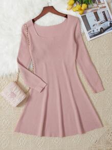 SHEIN Chica preadolescente Vestido de punto de cuello cuadrado tejido de canalé