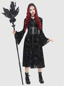 ROMWE Goth Floral Print Flare Sleeve Dress Without Belt - Black - View 6