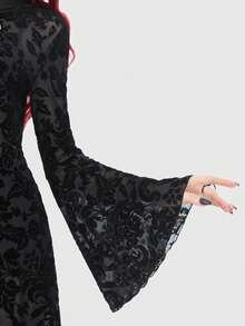 ROMWE Goth Floral Print Flare Sleeve Dress Without Belt - Black - View 7