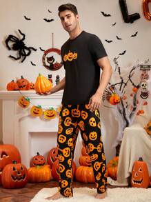 Men Halloween Pumpkin Print PJ Set - Multicolor - View 1