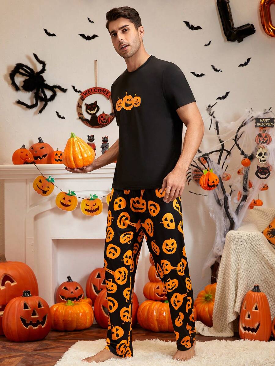 Men Halloween Pumpkin Print PJ Set - Multicolor - View 1