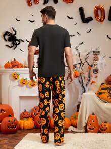 Men Halloween Pumpkin Print PJ Set - Multicolor - View 2