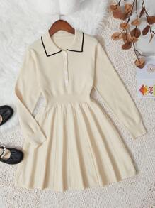 SHEIN 女大童拼接邊前紐扣百褶下擺毛衣洋裝 - 杏色 - 查看 1