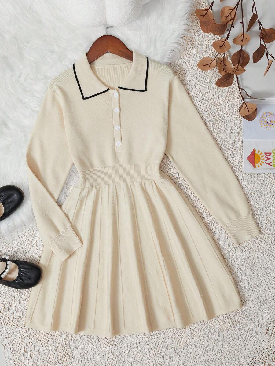 SHEIN 女大童拼接邊前紐扣百褶下擺毛衣洋裝 - 杏色 - 查看 1