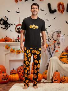 Men Halloween Pumpkin Print PJ Set - Multicolor - View 3