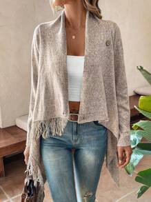 SHEIN LUNE Space Dye Fringe Trim Button Detail Wrap Hem Cowl Neck Cardigan Fall Winter Cloth For Women - Khaki - View 3