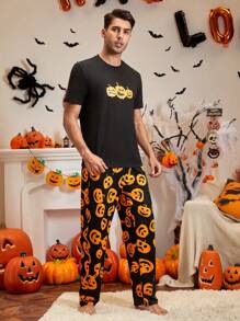 Men Halloween Pumpkin Print PJ Set - Multicolor - View 4