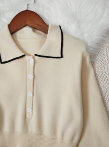 SHEIN 女大童拼接邊前紐扣百褶下擺毛衣洋裝 - 杏色 - 查看 4