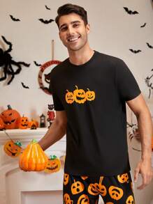 Men Halloween Pumpkin Print PJ Set - Multicolor - View 5