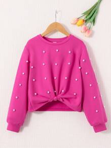 SHEIN Leap Crew Tween Girl Pearls Beaded Knot Hem Pullover,In Fall/Winter - Pink - View 1