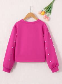 SHEIN Leap Crew Tween Girl Pearls Beaded Knot Hem Pullover,In Fall/Winter - Pink - View 2