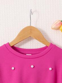 SHEIN Leap Crew Tween Girl Pearls Beaded Knot Hem Pullover,In Fall/Winter - Pink - View 5