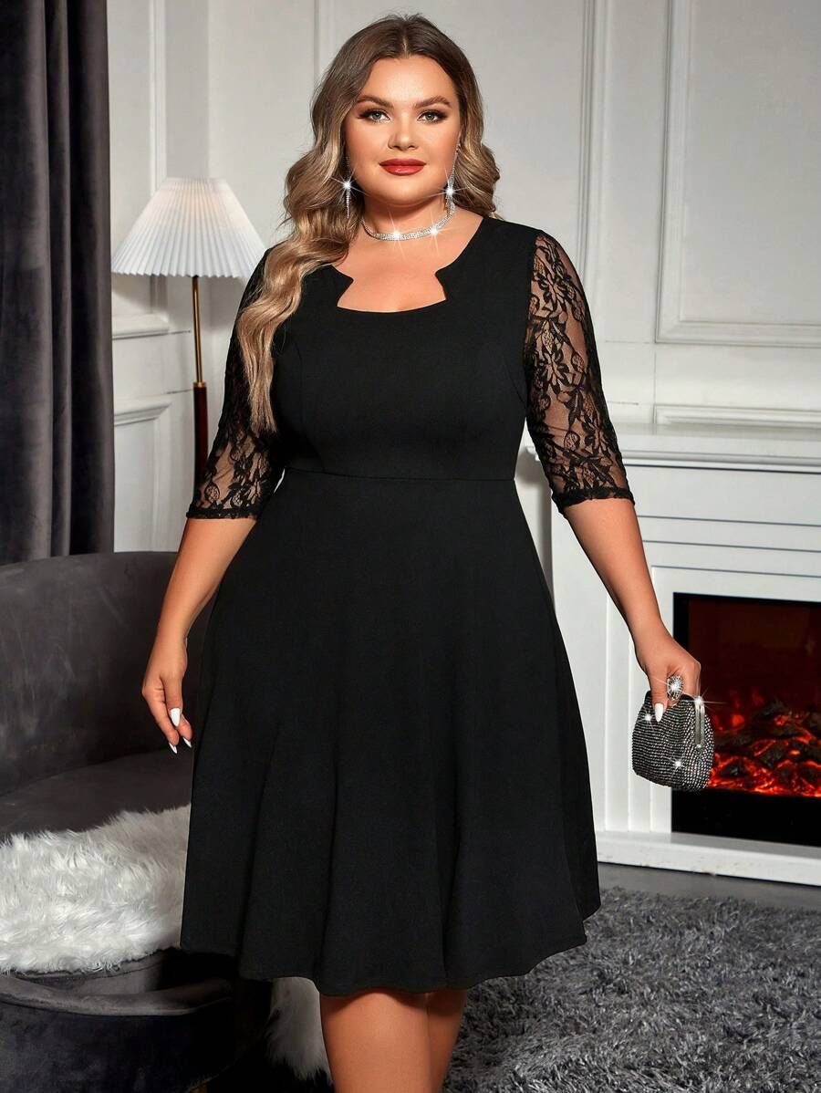 Reflora Plus Contrast Lace Notched Neckline Dress - Black - View 1