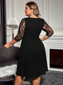 Reflora Plus Contrast Lace Notched Neckline Dress - Black - View 2