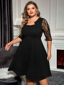 Reflora Plus Contrast Lace Notched Neckline Dress - Black - View 6