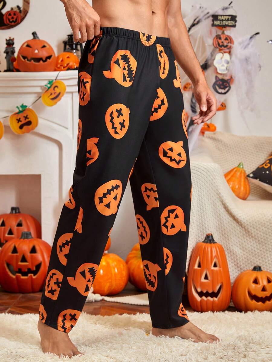 Men Halloween Pumpkin Print Sleep Pants - Multicolor - View 1