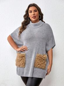 SHEIN Clasi Plus Turtleneck Pocket Patched Batwing Sleeve Knit Top - Light Grey - View 1