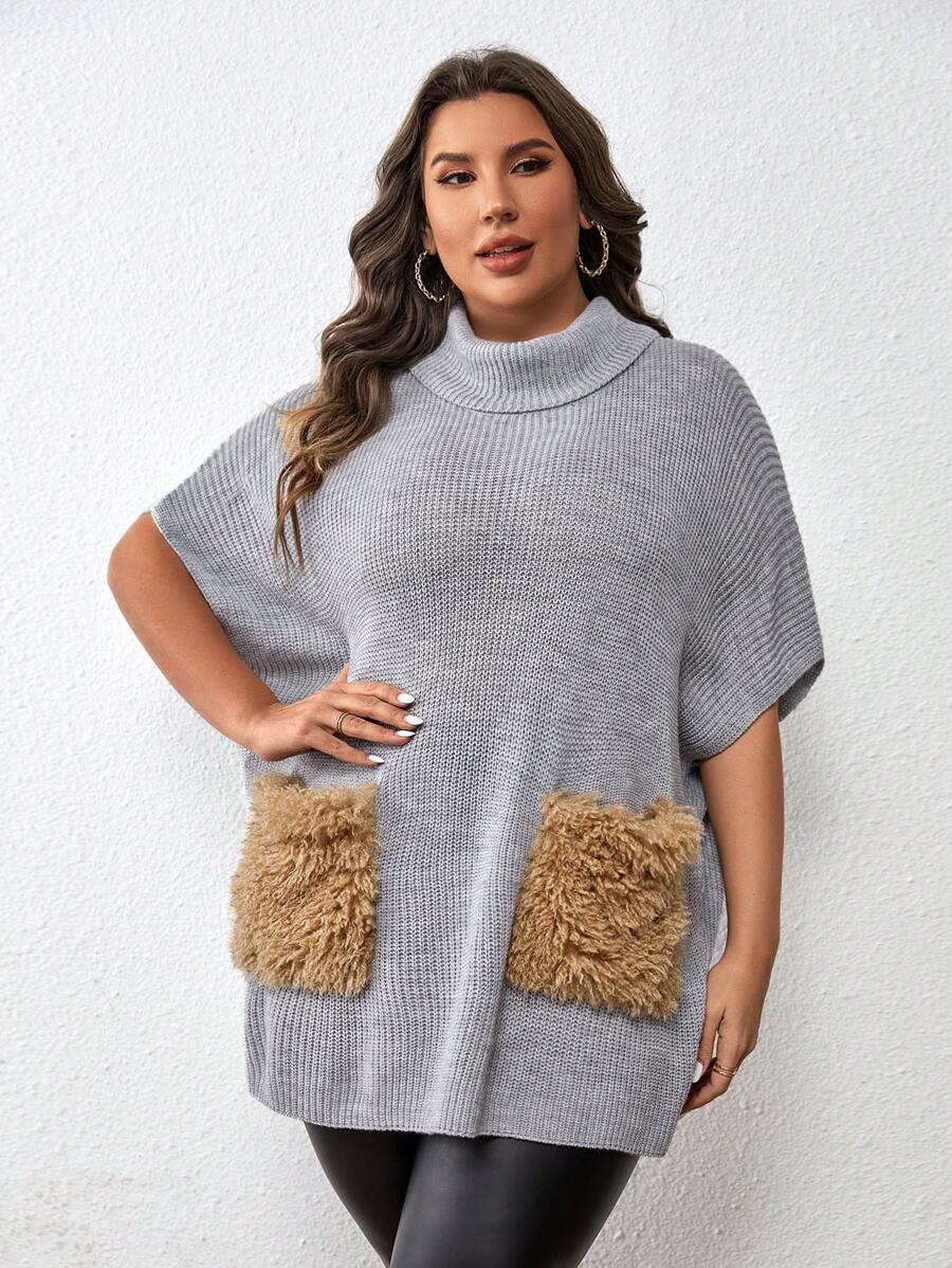 SHEIN Clasi Plus Turtleneck Pocket Patched Batwing Sleeve Knit Top - Light Grey - View 1
