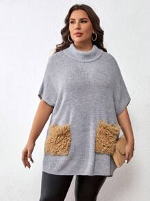 SHEIN Clasi Plus Turtleneck Pocket Patched Batwing Sleeve Knit Top - Light Grey - View 3