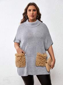 SHEIN Clasi Plus Turtleneck Pocket Patched Batwing Sleeve Knit Top - Light Grey - View 4