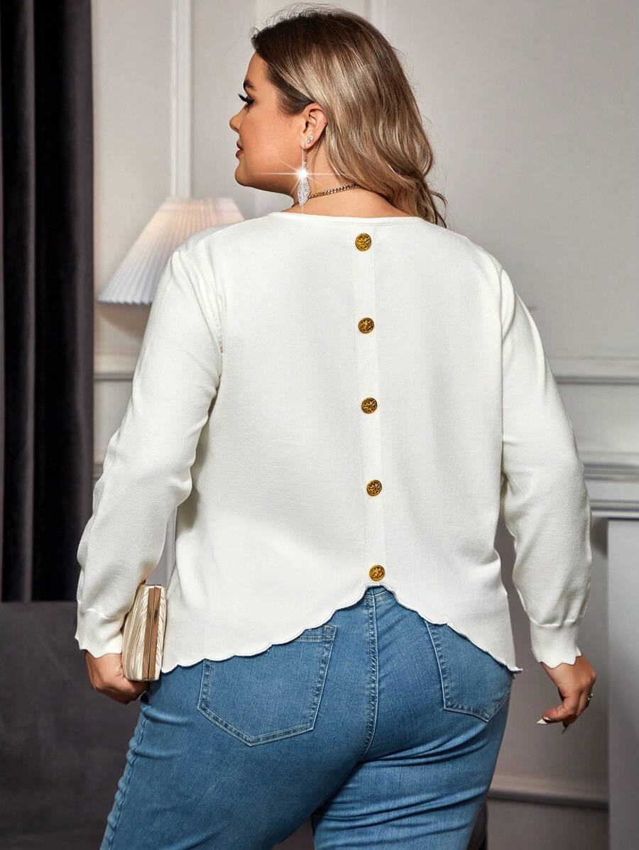 SHEIN Clasi Hơn Chi tiết Nút Cắt vỏ sò Áo len - trắng - Xem 1