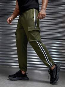 Manfinity RebelGame Nam Băng sọc Túi nắp bên cạnh Eo dây rút Quần thể thao - xanh quân đội - Xem 1