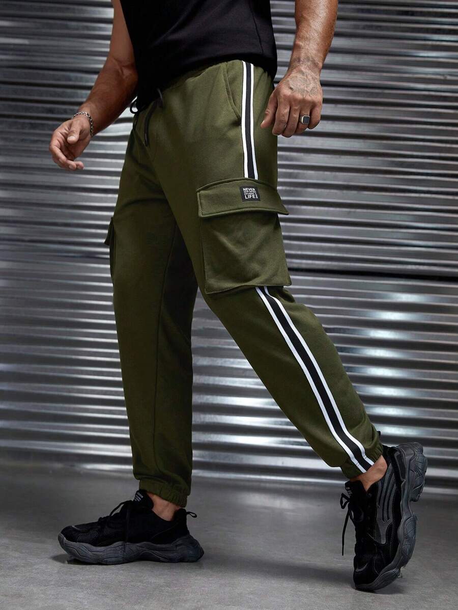 Manfinity RebelGame Nam Băng sọc Túi nắp bên cạnh Eo dây rút Quần thể thao - xanh quân đội - Xem 1