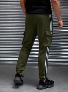 Manfinity RebelGame Nam Băng sọc Túi nắp bên cạnh Eo dây rút Quần thể thao - xanh quân đội - Xem 2