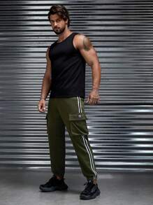 Manfinity RebelGame Nam Băng sọc Túi nắp bên cạnh Eo dây rút Quần thể thao - xanh quân đội - Xem 3