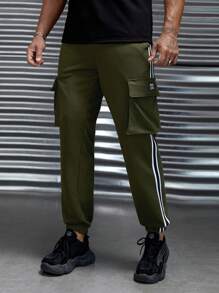 Manfinity RebelGame Nam Băng sọc Túi nắp bên cạnh Eo dây rút Quần thể thao - xanh quân đội - Xem 4