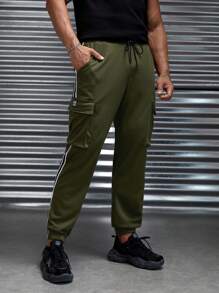 Manfinity RebelGame Nam Băng sọc Túi nắp bên cạnh Eo dây rút Quần thể thao - xanh quân đội - Xem 5