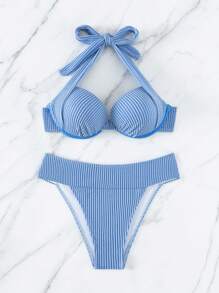 條紋露背比基尼套裝 - 藍色 - 查看 5